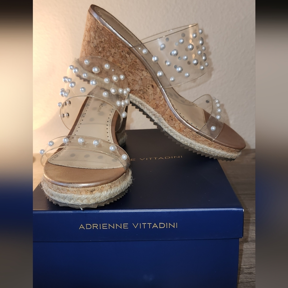 Adrienne Vittadini Pearl Embellished Wedge Sandals - Tan